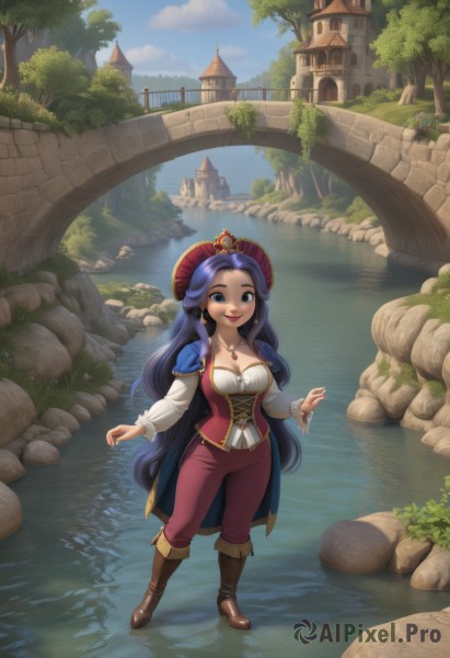 1girl,solo,long hair,breasts,looking at viewer,smile,blue eyes,large breasts,shirt,long sleeves,hat,cleavage,jewelry,medium breasts,very long hair,closed mouth,blue hair,standing,full body,white shirt,purple hair,earrings,boots,outdoors,sky,day,pants,cloud,water,necklace,cape,tree,blue sky,makeup,brown footwear,knee boots,grass,crown,lipstick,building,red headwear,corset,rock,red lips,watercraft,bridge,river,castle,pirate hat,pirate,puffy sleeves,vest,cloudy sky,plant,nature,scenery,bush