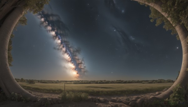 outdoors,sky,cloud,tree,no humans,night,grass,fire,star (sky),nature,night sky,scenery,smoke,starry sky,ruins,blue sky,ground vehicle,explosion