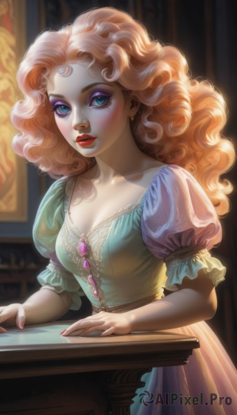 1girl,solo,long hair,breasts,looking at viewer,blue eyes,blonde hair,dress,cleavage,jewelry,medium breasts,collarbone,short sleeves,earrings,small breasts,parted lips,puffy sleeves,artist name,indoors,nail polish,orange hair,blurry,puffy short sleeves,lips,fingernails,eyelashes,makeup,blurry background,wavy hair,table,lipstick,brooch,gem,red nails,eyeshadow,curly hair,red lips,eyeliner,mascara,closed mouth,frills,frilled sleeves,painting (object)