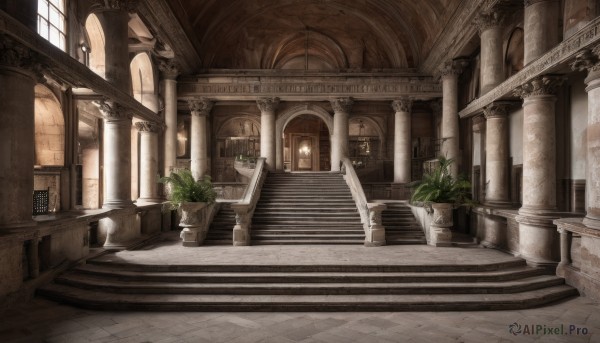 outdoors,day,indoors,no humans,window,sunlight,plant,building,scenery,stairs,door,railing,potted plant,architecture,pillar,arch,column,stone stairs,flower pot