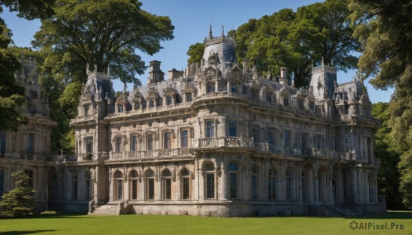 outdoors,sky,day,cloud,tree,blue sky,no humans,window,grass,building,nature,scenery,fantasy,architecture,castle,tower,arch,bridge