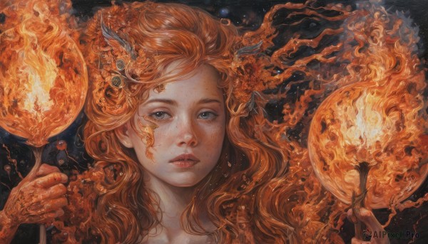 1girl,solo,long hair,looking at viewer,blue eyes,holding,parted lips,horns,orange hair,lips,grey eyes,traditional media,fire,portrait,freckles,realistic,orange theme,burning,upper body,fingernails,eyelashes,wavy hair,black background,bubble,nose,planet,fiery hair