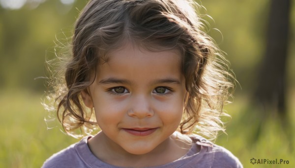 1girl,solo,looking at viewer,smile,short hair,brown hair,shirt,brown eyes,outdoors,parted lips,day,blurry,lips,floating hair,depth of field,blurry background,wind,portrait,curly hair,realistic,closed mouth,messy hair,old woman