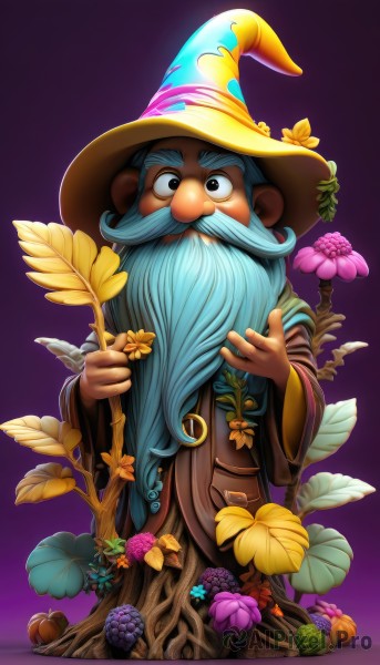 solo,long hair,looking at viewer,simple background,long sleeves,1boy,hat,holding,blue hair,standing,full body,flower,male focus,wide sleeves,black eyes,gradient,gradient background,witch hat,facial hair,leaf,thick eyebrows,plant,beard,pink flower,purple background,robe,yellow flower,mustache,holding flower,mushroom,old,wizard hat,wizard,watermark,web address