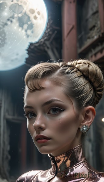 1girl,solo,looking at viewer,short hair,blonde hair,jewelry,earrings,hair bun,blurry,lips,grey eyes,eyelashes,night,blurry background,moon,single hair bun,portrait,full moon,freckles,realistic,blue eyes,parted lips,sky,mole,bodysuit,makeup,lipstick,night sky,nose