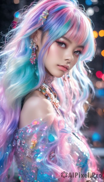 1girl,solo,long hair,breasts,looking at viewer,bangs,hair ornament,dress,bare shoulders,jewelry,closed mouth,blue hair,upper body,pink hair,multicolored hair,earrings,artist name,necklace,blurry,bracelet,from side,two-tone hair,lips,looking to the side,grey eyes,eyelashes,aqua hair,gradient hair,makeup,depth of field,blurry background,wavy hair,gem,eyeshadow,pink lips,realistic,nose,bokeh,mascara,pearl (gemstone),brown eyes,blunt bangs,streaked hair,watermark,web address