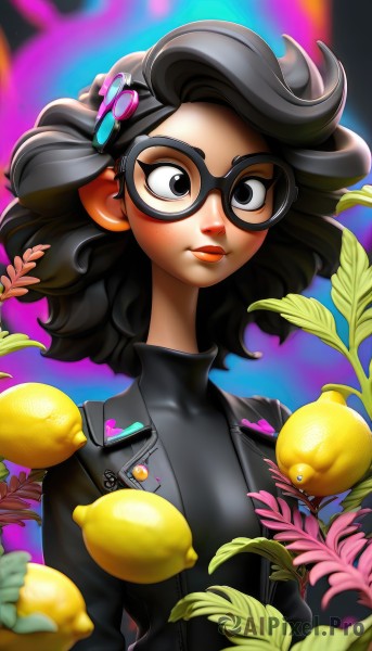 1girl,solo,looking at viewer,short hair,shirt,black hair,hair ornament,jacket,upper body,heart,parted lips,food,glasses,artist name,dark skin,medium hair,black eyes,dark-skinned female,lips,black jacket,black shirt,makeup,fruit,turtleneck,leaf,lipstick,fish,black-framed eyewear,nose,heart hair ornament,leather,badge,leather jacket,lemon,goggles,superhero