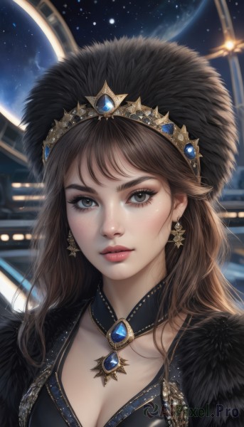 1girl,solo,long hair,breasts,looking at viewer,bangs,brown hair,hat,dress,cleavage,brown eyes,jewelry,medium breasts,closed mouth,collarbone,upper body,earrings,sky,choker,artist name,necklace,star (symbol),blurry,black eyes,black dress,lips,fur trim,eyelashes,black headwear,makeup,night,watermark,feathers,crown,brooch,gem,portrait,star (sky),night sky,starry sky,freckles,realistic,nose,feather trim,blush,tiara,fur collar,star earrings