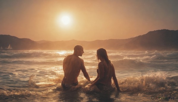 1girl,long hair,breasts,smile,black hair,1boy,sitting,swimsuit,hetero,bikini,outdoors,sky,dark skin,water,from behind,looking at another,wet,ocean,back,beach,couple,scenery,partially submerged,topless male,sunset,mountain,sand,sun,watercraft,male swimwear,waves,boat,swim trunks,short hair,shorts,barefoot,arm support,sunlight,horizon,bald,on ground,sepia,shore