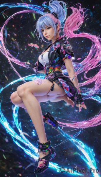 1girl,solo,long hair,breasts,looking at viewer,bangs,blue eyes,skirt,hair ornament,gloves,cleavage,jewelry,medium breasts,underwear,blue hair,jacket,full body,ponytail,weapon,pink hair,ass,short sleeves,multicolored hair,open clothes,shoes,black gloves,fingerless gloves,two-tone hair,open jacket,lips,black jacket,thigh strap,scrunchie,floating,nose,holding,barefoot,pointy ears,sword,holding weapon,legs,bare legs,tattoo,gradient hair,realistic