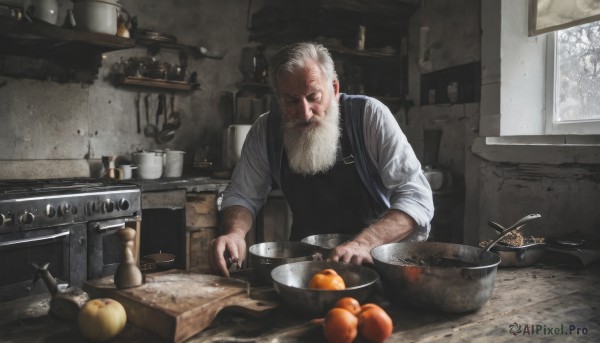 solo,shirt,1boy,white shirt,white hair,male focus,food,day,indoors,apron,window,fruit,facial hair,scar,knife,beard,sleeves rolled up,bowl,realistic,mustache,apple,basket,old,old man,cooking,kitchen,black apron,kitchen knife,cutting board,long sleeves,holding,closed mouth,closed eyes,grey hair,artist name,signature,table,bottle,scar on face,scar across eye,holding knife,orange (fruit),sleeves pushed up,jar,tomato,sink,counter,faucet,stove,potato,wrinkled skin,onion