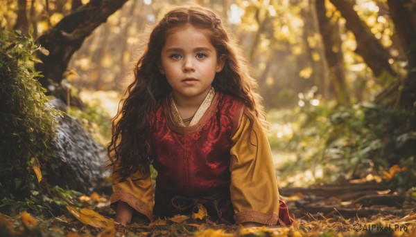 1girl,solo,long hair,looking at viewer,blue eyes,brown hair,long sleeves,brown eyes,closed mouth,upper body,outdoors,day,blurry,black eyes,tree,lips,depth of field,blurry background,leaf,sunlight,nature,forest,curly hair,realistic,nose,parted lips,wavy hair,plant,child,female child,autumn