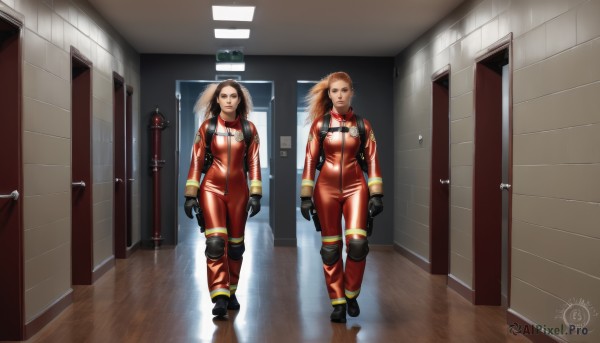 1girl,long hair,breasts,looking at viewer,brown hair,gloves,brown eyes,medium breasts,standing,weapon,black gloves,indoors,gun,bodysuit,multiple views,reflection,walking,realistic,door,arms at sides,knee pads,locker,hallway,spacesuit,comparison,smile,multiple girls,blonde hair,2girls,ponytail,signature,science fiction,jumpsuit