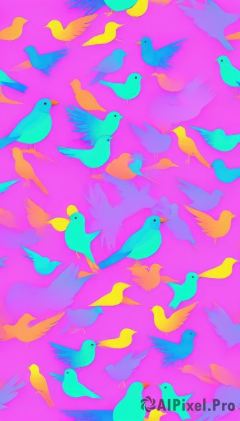 simple background,artist name,from side,no humans,bird,animal,pink background,flying,purple background,animal focus,too many,flock,open mouth,closed mouth,cloud,looking up,scenery,solid circle eyes,colorful