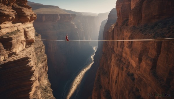 1girl,solo,1boy,standing,outdoors,sky,water,from behind,cape,scenery,1other,reflection,mountain,bridge,river,landscape,ambiguous gender,cliff,very wide shot,day,red cape