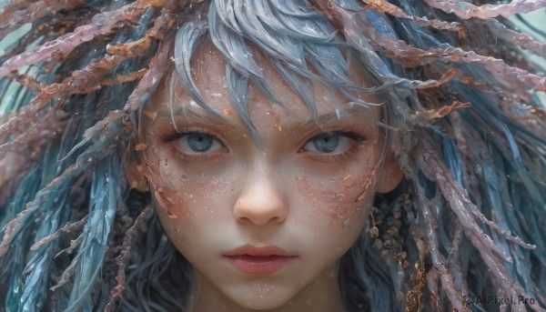 1girl,solo,long hair,looking at viewer,bangs,blue eyes,closed mouth,blue hair,water,blurry,lips,eyelashes,portrait,close-up,realistic,expressionless,freckles,nose