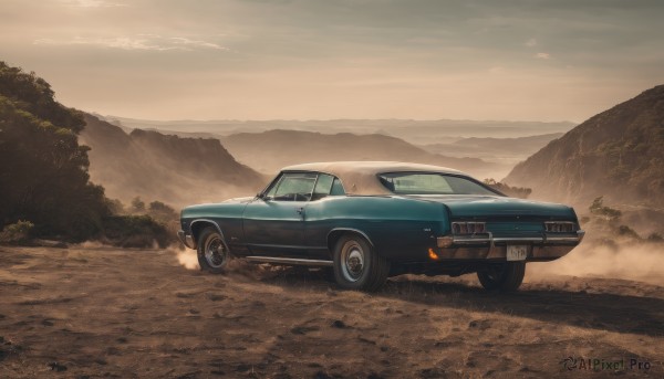 outdoors,sky,cloud,tree,no humans,ground vehicle,nature,scenery,motor vehicle,forest,mountain,car,road,vehicle focus,mountainous horizon,sports car,signature,smoke,dust