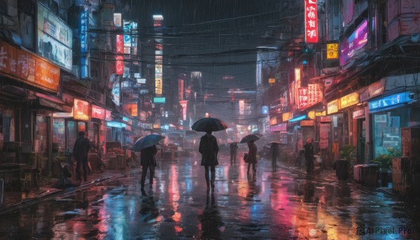 multiple girls, holding, standing, outdoors, multiple boys, dutch angle, night, umbrella, plant, building, scenery, reflection, rain, holding umbrella, city, sign, road, cityscape, street, puddle, neon lights, people