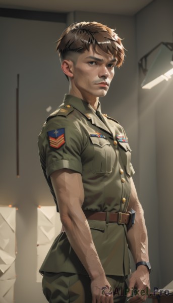 solo,looking at viewer,short hair,bangs,brown hair,shirt,1boy,holding,brown eyes,closed mouth,standing,weapon,short sleeves,male focus,cowboy shot,collared shirt,belt,pants,indoors,holding weapon,uniform,lips,gun,military,military uniform,thick eyebrows,pocket,watch,realistic,nose,green shirt,wristwatch,breast pocket,camouflage,military jacket,green pants,soldier,camouflage pants,blue eyes,jacket,from side,buckle,belt buckle,brown belt,brown pants,undercut,badge,patch