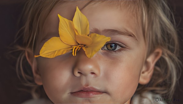 1girl,solo,looking at viewer,blonde hair,simple background,brown hair,brown eyes,closed mouth,parted lips,blurry,lips,eyelashes,leaf,bug,butterfly,portrait,close-up,freckles,brown background,one eye covered,realistic,nose,blue eyes,autumn leaves