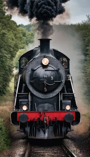 outdoors,sky,day,cloud,tree,military,no humans,fire,ground vehicle,nature,scenery,motor vehicle,forest,smoke,military vehicle,vehicle focus,world war ii,wheel,cloudy sky,grass,train,railroad tracks