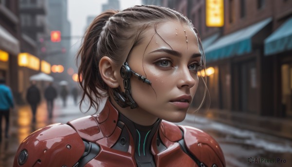 1girl,solo,short hair,blue eyes,brown hair,upper body,ponytail,outdoors,parted lips,solo focus,armor,blurry,lips,grey eyes,bodysuit,depth of field,blurry background,building,portrait,freckles,science fiction,realistic,cyborg,power armor,sweat,teeth,looking away,forehead,backlighting,rain,short ponytail,city,nose,road,dirty,hair pulled back,street,crowd,cyberpunk,dirty face,earpiece