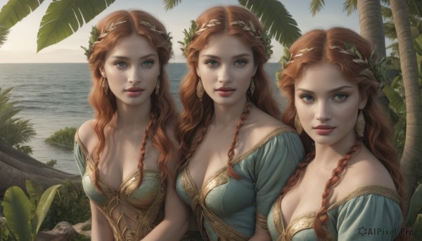 long hair,breasts,looking at viewer,smile,blue eyes,multiple girls,brown hair,hair ornament,dress,cleavage,bare shoulders,jewelry,medium breasts,collarbone,upper body,braid,short sleeves,earrings,outdoors,parted lips,sky,day,3girls,water,off shoulder,orange hair,twin braids,tree,lips,grey eyes,makeup,blue dress,siblings,ocean,leaf,wavy hair,beach,plant,sisters,green dress,realistic,palm tree,red lips,multiple persona,variations,red hair,teeth,freckles,curly hair,crown braid,laurel crown