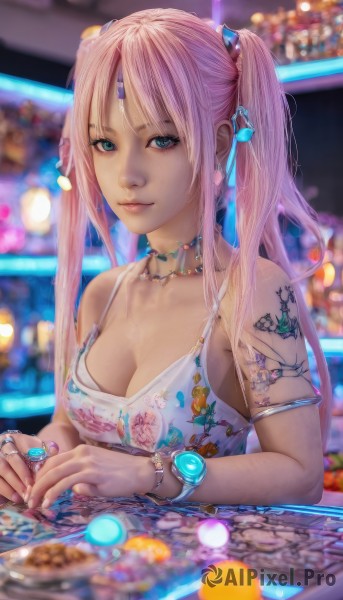 1girl,solo,long hair,breasts,looking at viewer,smile,bangs,blue eyes,hair ornament,dress,cleavage,bare shoulders,twintails,jewelry,medium breasts,closed mouth,upper body,pink hair,choker,necklace,nail polish,blurry,bracelet,aqua eyes,lips,tattoo,depth of field,blurry background,facial mark,ring,gem,armlet,watch,forehead mark,realistic,nose,wristwatch,arm tattoo,coin,collarbone,sidelocks,artist name,fingernails,eyelashes,chain,watermark,piercing,tank top,pink nails,freckles,spaghetti strap,shoulder tattoo,multiple rings