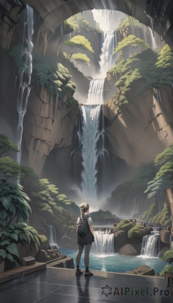 1girl,solo,short hair,skirt,brown hair,shirt,black hair,standing,white shirt,pantyhose,outdoors,shoes,water,bag,from behind,black footwear,tree,black pantyhose,backpack,plant,scenery,facing away,wide shot,waterfall,long hair,long sleeves,hat,short sleeves,pleated skirt,day,black skirt,nature,forest,reflection,bridge