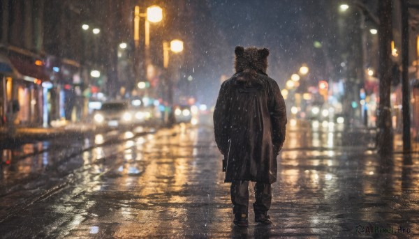 solo, 1boy, standing, male focus, outdoors, sky, from behind, blurry, tree, coat, night, depth of field, building, night sky, scenery, reflection, rain, city, road, lamppost, bear ears, street, city lights