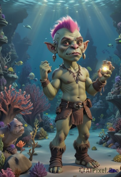 solo,1boy,navel,brown eyes,jewelry,nipples,full body,pink hair,male focus,earrings,teeth,pointy ears,belt,necklace,bracelet,muscular,colored skin,fangs,piercing,abs,fish,topless male,underwater,air bubble,green skin,shell,loincloth,monster boy,mohawk,orc,tusks,turtle,coral,goblin,short hair,barefoot,water,sharp teeth,bubble,skull,lantern,rock,realistic,bald,submerged,nose piercing,fish boy