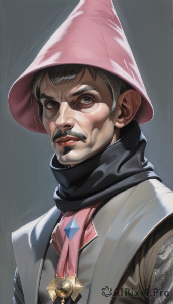 solo,looking at viewer,short hair,simple background,brown hair,black hair,1boy,hat,brown eyes,jewelry,closed mouth,upper body,male focus,parted lips,grey background,scarf,black eyes,vest,lips,ascot,facial hair,gem,portrait,realistic,nose,mustache,pink headwear,wizard hat,grey eyes,serious,manly,black scarf