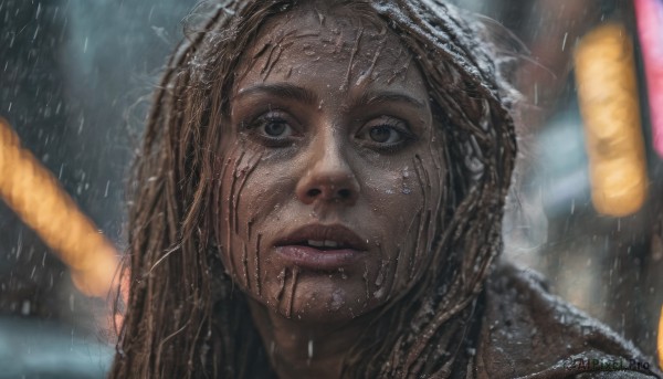 1girl,solo,long hair,brown hair,brown eyes,outdoors,parted lips,teeth,blurry,lips,wet,depth of field,blurry background,looking up,portrait,rain,realistic,nose,wet hair,looking at viewer,solo focus,dark skin,water,dark-skinned female,night,close-up