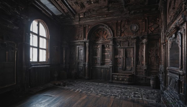 day,indoors,dutch angle,no humans,window,sunlight,scenery,wooden floor,stairs,door,clock,architecture,pillar,hallway,carpet,church,arch,chair,light rays,fantasy,barrel