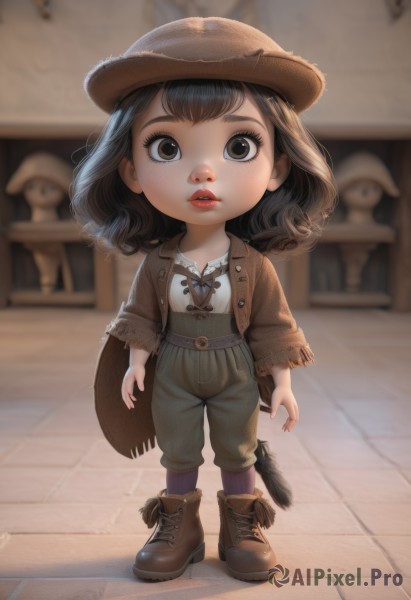 1girl,solo,looking at viewer,short hair,brown hair,shirt,black hair,long sleeves,hat,brown eyes,standing,jacket,full body,white shirt,boots,outdoors,parted lips,teeth,socks,belt,pants,medium hair,blurry,lips,depth of field,blurry background,brown footwear,feathers,child,freckles,brown jacket,brown headwear,female child,ankle boots,fringe trim,cowboy hat,green pants,cowboy western,open mouth,bangs,tail,artist name,chibi,eyelashes,watermark,web address