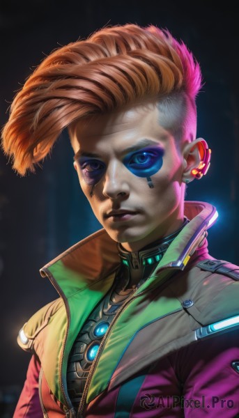 1girl,solo,looking at viewer,short hair,blue eyes,brown hair,1boy,jewelry,jacket,upper body,male focus,earrings,orange hair,lips,makeup,glowing,piercing,ear piercing,eyeshadow,zipper,science fiction,realistic,nose,cyborg,pompadour,mohawk,cyberpunk,closed mouth,pink hair,scar,facial mark,portrait,glowing eyes,asymmetrical hair,high collar,facepaint,undercut,facial tattoo