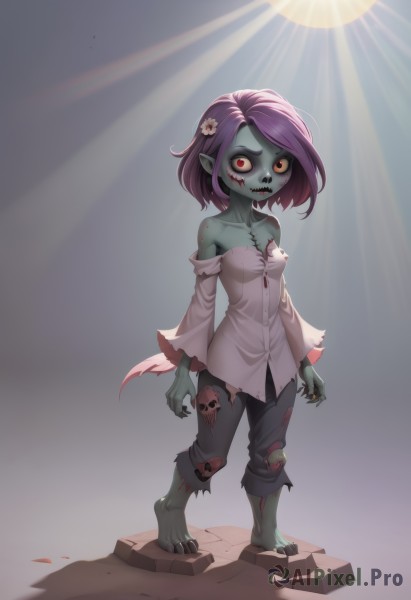 1girl,solo,breasts,looking at viewer,short hair,shirt,hair ornament,red eyes,cleavage,bare shoulders,standing,collarbone,full body,purple hair,flower,small breasts,barefoot,teeth,pointy ears,pants,hair flower,medium hair,off shoulder,torn clothes,blood,colored skin,fangs,black pants,sunlight,sharp teeth,monster girl,black nails,colored sclera,toenails,pink shirt,injury,light rays,sun,green skin,stitches,grey skin,torn shirt,zombie,torn pants,goblin,tail,skull,blue skin,dirty,skull hair ornament,torn jeans,undead