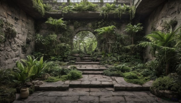 outdoors,day,indoors,tree,no humans,window,sunlight,grass,plant,scenery,stairs,potted plant,wall,ruins,vines,brick wall,moss,overgrown,green theme,stone wall