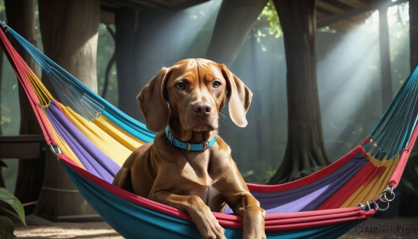 HQ,solo,outdoors,day,collar,tree,no humans,animal,umbrella,sunlight,plant,nature,forest,dog,light rays,realistic,watercraft,sunbeam,animal focus,tongue,tongue out,leaf,dappled sunlight,animal collar,blue collar