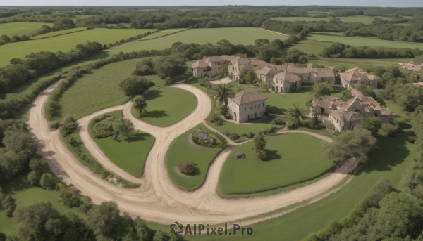 outdoors,water,tree,no humans,from above,grass,building,nature,scenery,forest,road,bush,house,green theme,river,landscape,path,sky,day,beach,mountain,field,town