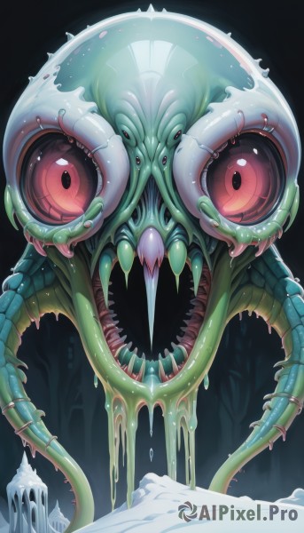 solo,looking at viewer,open mouth,red eyes,teeth,tree,no humans,saliva,fangs,sharp teeth,tentacles,monster,extra eyes,slime (substance),horror (theme),melting,cave,eldritch abomination,simple background,water,black background,colored sclera,veins,creature,vines,dripping,alien