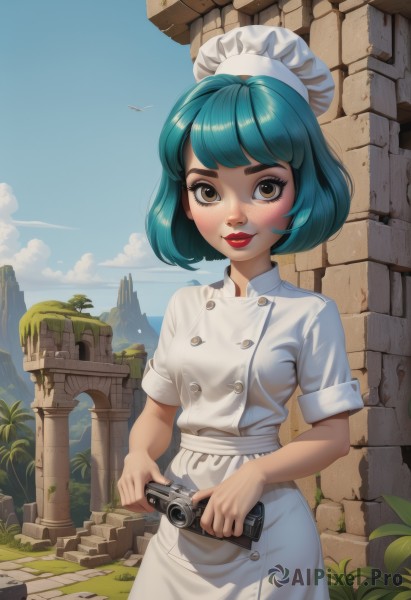 1girl,solo,breasts,looking at viewer,smile,short hair,bangs,hat,holding,brown eyes,closed mouth,blue hair,standing,short sleeves,cowboy shot,small breasts,outdoors,sky,day,cloud,apron,tree,blue sky,lips,eyelashes,aqua hair,makeup,buttons,bird,white headwear,thick eyebrows,plant,lipstick,waist apron,camera,red lips,double-breasted,holding camera,chef hat,chef,blush,dress,green hair,freckles,brick wall