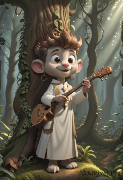 solo,smile,open mouth,brown hair,long sleeves,1boy,holding,animal ears,brown eyes,jewelry,standing,full body,male focus,earrings,outdoors,barefoot,teeth,artist name,necklace,tree,leaf,sunlight,grass,crown,instrument,child,nature,furry,forest,robe,light rays,hoop earrings,music,guitar,antlers,furry male,male child,mushroom,playing instrument,holding instrument,white robe,buck teeth,1girl,long hair,hair ornament,dress,ponytail,day,white dress,plant,extra ears,furry female,long dress,branch,vines,dappled sunlight,brown fur,plectrum