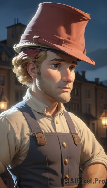 solo,short hair,blue eyes,blonde hair,shirt,1boy,hat,closed mouth,white shirt,upper body,male focus,earrings,outdoors,sky,collared shirt,blurry,black eyes,lips,night,buttons,blurry background,facial hair,night sky,red headwear,beard,sleeves rolled up,realistic,nose,mustache,overalls,manly,vest,thick eyebrows,building,hands on hips,brown headwear,cowboy hat