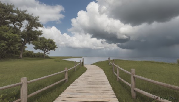 outdoors,sky,day,cloud,water,tree,blue sky,no humans,cloudy sky,grass,nature,scenery,fence,railing,horizon,road,bush,path,ocean,field,landscape