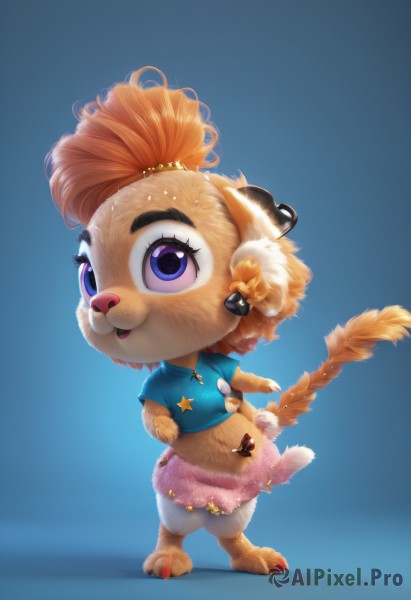 1girl,solo,looking at viewer,smile,short hair,open mouth,blue eyes,skirt,simple background,shirt,hair ornament,animal ears,jewelry,standing,purple eyes,tail,full body,short sleeves,:d,earrings,midriff,necklace,star (symbol),orange hair,flat chest,gradient,gradient background,eyelashes,blue background,blue shirt,child,furry,pink skirt,animal hands,furry female,female child,animal nose,blush,brown hair,bow,ponytail,flower,shorts,barefoot,teeth,artist name,:3,bird,watermark,happy,thick eyebrows,feathers,clothes writing,web address,claws,star print,beak