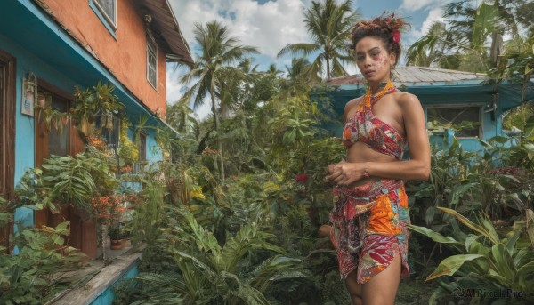 1girl,solo,breasts,looking at viewer,short hair,brown hair,hair ornament,bare shoulders,brown eyes,standing,swimsuit,flower,bikini,cowboy shot,small breasts,outdoors,sky,day,cloud,hair flower,dark skin,hair bun,dark-skinned female,tree,blue sky,lips,halterneck,facial mark,floral print,own hands together,plant,building,scenery,realistic,palm tree,criss-cross halter,potted plant,house,jewelry,closed mouth,cloudy sky