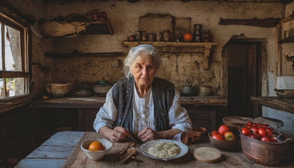 solo,looking at viewer,shirt,long sleeves,1boy,holding,closed mouth,white shirt,upper body,white hair,grey hair,male focus,food,indoors,vest,window,fruit,facial hair,scar,chair,table,knife,beard,plate,bowl,wooden floor,realistic,spoon,door,fork,apple,basket,holding knife,bread,old,old man,holding spoon,kitchen,tomato,wooden table,soup,sitting,day,signature,eating,sleeves rolled up,carrot,rice,vegetable,old woman,potato,wrinkled skin,cutting board