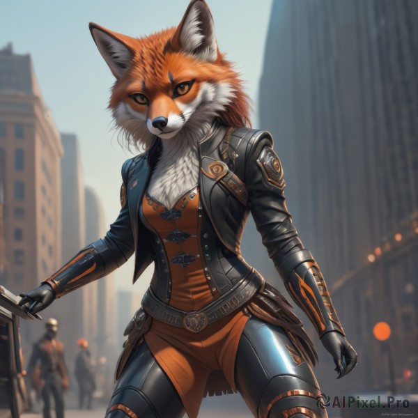 1girl,long hair,breasts,looking at viewer,gloves,long sleeves,holding,animal ears,medium breasts,standing,jacket,tail,weapon,cowboy shot,outdoors,open clothes,solo focus,day,black gloves,belt,pants,artist name,signature,holding weapon,orange hair,blurry,open jacket,black jacket,orange eyes,fox ears,depth of field,blurry background,fox tail,watermark,slit pupils,fox girl,building,claws,furry,colored sclera,legs apart,city,furry female,black sclera,body fur,leather,animal nose,orange dress,snout,leather jacket,two-tone fur,orange fur,solo,cleavage,closed mouth,sky,cropped jacket,realistic,orange shirt