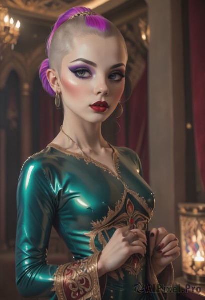 1girl,solo,breasts,looking at viewer,blush,short hair,long sleeves,dress,jewelry,collarbone,upper body,pink hair,purple hair,multicolored hair,earrings,small breasts,parted lips,indoors,wide sleeves,necklace,hair bun,nail polish,blurry,two-tone hair,lips,fingernails,grey eyes,eyelashes,makeup,blurry background,blue dress,single hair bun,lipstick,skin tight,red nails,eyeshadow,green dress,gold trim,hoop earrings,red lips,eyeliner,candle,hair pulled back,mascara,purple eyeshadow,blue eyes,hair ornament,medium breasts,artist name,gradient hair,heterochromia,pale skin,shiny clothes,realistic,updo